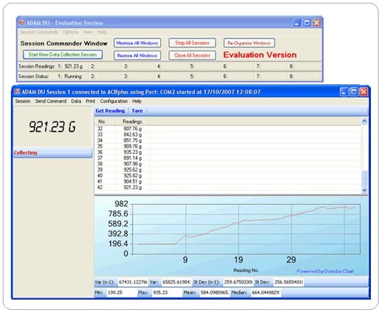 Image shows Adam DU collecting data readings from an Adam scale Image shows ADAM DU collecting data readings from an Adam scale