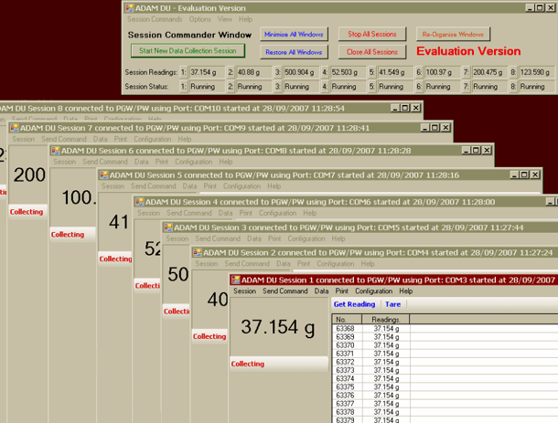 large image showing Adam DU running with 8 simultaneous data capture sessions connected to 8 Adam Balances large image showing Adam DU running with 8 simultaneous data capture sessions connected to 8 Adam Balances